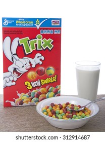 ALAMEDA, CA - JULY 27, 2015: One Box Of General Mills Brand Trix Cereal On A Table With Bowl Of Trix Cereal And A Glass Of Milk. 