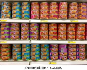 Alameda, CA - June 15, 2016: Many Cans And Flavors Of Friskies Brand Cat Food On Grocery Store Shelf. Friskies Is Owned By Nestle Purina PetCare Company, A Subsidiary Of Nestle.