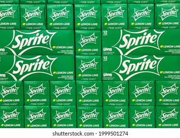 Alameda, CA - June 24, 2021: Grocery Display With 12 Pack Boxes Of Sprite Lemon Lime Soda Stacked.