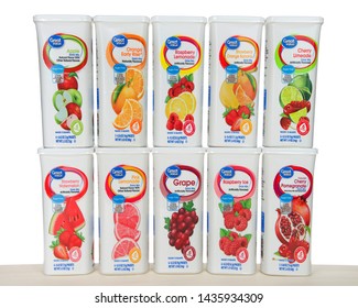 Alameda, CA - June 25, 2019: Plastic Multi-packet Plastic Containers Of Great Value Brand Flavored Drink Mix In Ten Different Flavors Stacked. Great Value Is A Generic Brand Sold At Walmart Stores.