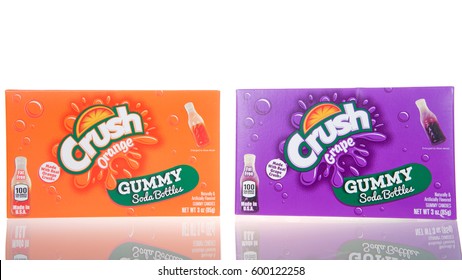 Alameda, CA - March 13, 2017: 3 Oz Boxes Of Healthy Food Brand, Crush Soda Bottles Gummy Candy. Orange And Grape Flavors. 