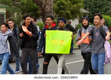 Alameda, CA - March 14, 2018: With Calls To End Gun Violence, No More Silence! Hundreds Of Students From Alameda High School Participate In A Student Walkout To Protest Gun Violence.