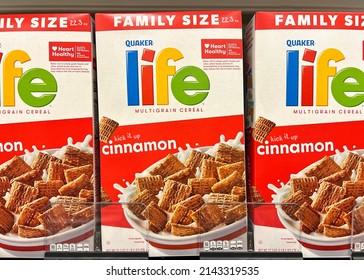 Alameda, CA - March 3, 2022: Grocery Store Shelf With Boxes Of Life Cereal, Cinnamon Flavor. Life Cereal Was Introduced In 1961 By The Quaker Oats Company