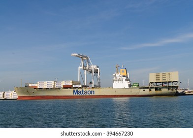 Alameda, CA - March 9, 2015: Oakland Container Shipyard, San Francisco Bay Ferry 