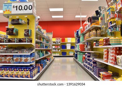 Alameda, CA - May 07, 2019: Convenience Store Aisle With Summer Toys And Supplies, End Cap With Graham Crackers, Marshmallows And Chocolate, Supplies For S'mores, A Popular Summer Treat.