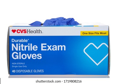 Alameda, CA - May 1, 2020: One Box Of CVS Health Brand Durable Nitrile Exam Gloves. One Size Fits Most. Blue Gloves Popping Out Of The Top, Isolated On White Background.