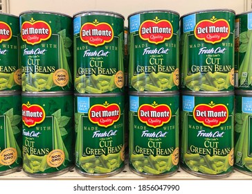 Alameda, CA - Nov 16, 2020: Grocery Store Shelf With Cans Of Del Monte Brand Fresh Cut Green Beans.