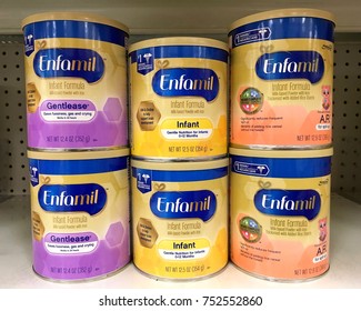 Alameda, CA - November 09, 2017: Grocery Store Shelf With Containers Of Enfamil Brand Baby Formula. Formulated To Feed Infants Under The Age Of 12 Months As A Substitute For Breast Milk.