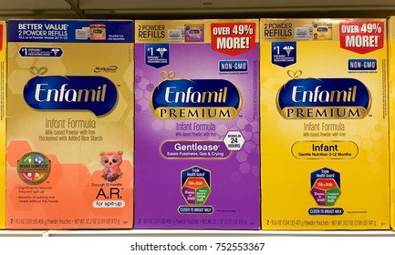 Alameda, CA - November 09, 2017: Grocery Store Shelf With Boxes Of Enfamil Brand Baby Formula. Formulated To Feed Infants Under The Age Of 12 Months As A Substitute For Breast Milk.