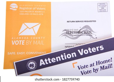 Alameda, CA - Oct 05, 2020: California Mail In Ballot Mailers, Isolated. Governor Gavin Newsom Just Announced California Will Be A Vote By Mail Only State For The 2020 Presidential Election.