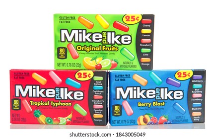 Alameda, CA - Oct 24, 2020: Boxes Of Mike And Ike Brand Gluten Free Candy. Original Fruits, Tropical Typhoon And Berry Blast Flavors, Isolated On White.