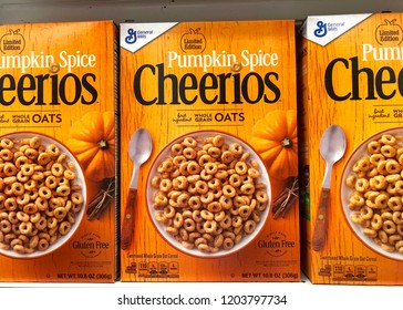 Alameda, CA - October 01, 2018: Grocery Store Shelf With Boxes Of General Mills Brand Cheerios, Limited Edition Pumpkin Spice Flavor. General Mills Is Headquartered In Golden Valley, Minnesota.