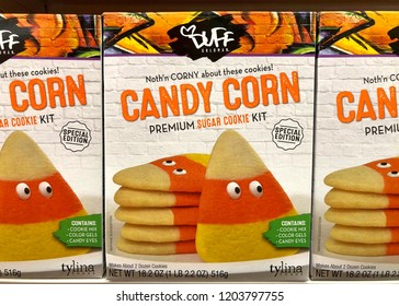 Alameda, CA - October 01, 2018: Grocery Store Shelf With Duff Brand Halloween Candy Corn Cookie Mix. Duff Owns Charm City Cakes And Now Produces Baking Projects In A Box To Create At Home.