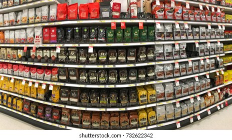 Alameda, CA - October 10, 2017: Grocery Store Isle With Packages Of Various Brands Of Coffee Beans And Ground Coffee. Coffee Represents 75 Percent Of All The Caffeine Consumed In The United States.