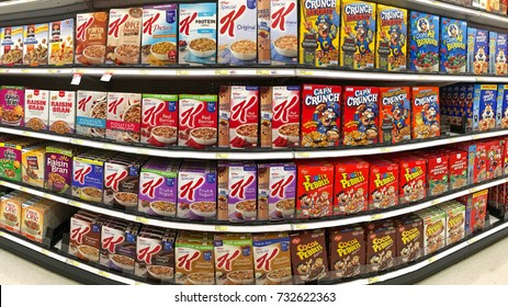 Alameda, CA - October 10, 2017: Grocery Store Aisle With Boxes Of Various Brands Of Breakfast Cereal.