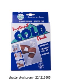 ALAMEDA, CA - OCTOBER 16, 2014: One Box With Cara Brand Instant Cold Ice Pack. Squeeze Bag To Break Inner Bag, Shake To Mix And Activate Chemical Reaction To Create Cold And Apply To Affected Area.