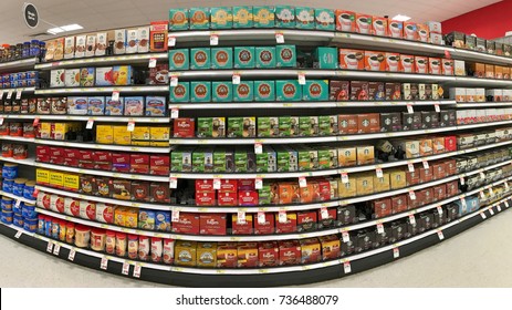 Alameda, CA - October 16, 2017: Grocery Store Shelf With Boxes Of Instant K Cup Coffee's In Various Brands. Sales Of The Single-serve Cups More Than Tripled In The United States Between 2011 And 2013.