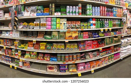 Alameda, CA - October 18, 2018: Grocery Store Shelves With Asian Culture Food And Snacks. Many American Grocery Stores Have Ethnic Food Sections.