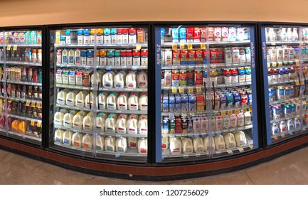 Alameda, CA - October 18, 2018: Dairy Isle In Grocery Store With Milk In Various Flavors And Sizes. Milk Is One Of The Most Popular Items In A Supermarket.