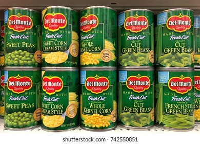 Alameda, CA - October 26, 2017: Grocery Store Shelf With Cans Of Del Monte Brand Vegetables. Corn, Green Beans And Sweet Peas.