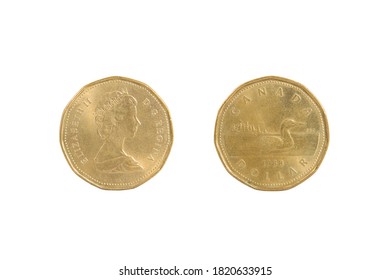 Alameda, CA - Sept 23, 2020: Close up of one shiny Canadian dollar coin, front and back. Isolated on white.