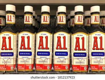 Alameda, CA - Sept 9, 2020: Grocery Store Shelf With Bottles Of A1 Brand Original Steak Sauce.