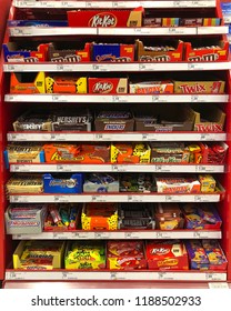 Alameda, CA - September 19, 2018: Many Candy Bars In A Display In The Check Out Line At The Grocery Store, Placed In A Highly Visible Place Where You Will See It To Potentiate Impulse Purchases.