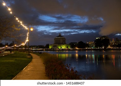 Alameda County Courthouse, Oakland,  With Lake Merritt In A Foreground At Night Time