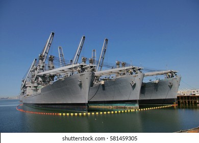 ALAMEDA, USA - MARCH 23, 2010: US Navy Crane Ships SS Keystone State, SS Gem State And SS Grand Canyon State Anchored In The Bay Of San Francisco, Alameda, USA On March 23, 2010.