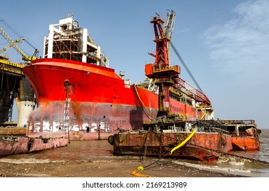 Alang, India - June 6, 2022: Alang Ship Scrap Yard