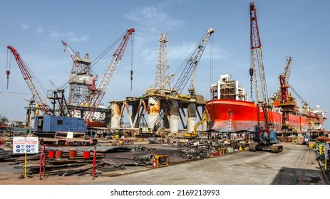 Alang, India - June 6, 2022: Alang Ship Scrap Yard