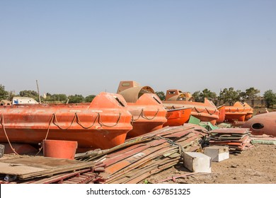 ALANG, INDIA - MARCH 3, 2017: Lifeboats Are For Sale In A Shop  At The Alang Ship Recicling Place  In Gujarat, India.