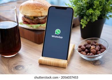 Alanya, Turkey - September 23, 2021: IPhone 12 Pro Max Gold With Social Networking Service Messenger WhatsApp On The Screen.