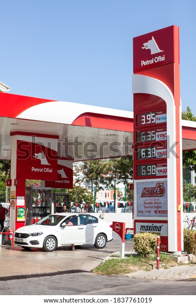 Alanya, Turkey-circa\
Oct, 2020: Petrol station of the Ofisi company is in center of\
city. The Petrol Ofisi is a fuel products distribution and\
lubricants company in\
Turkey