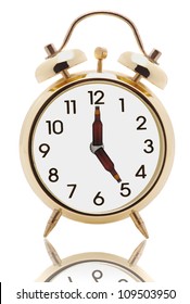 Alarm Clock With Beer Bottles Hands Isolated Over White. Five O'clock Somewhere Concept.