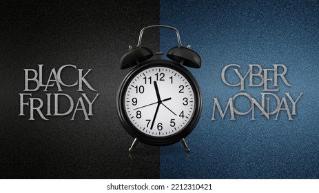 Alarm Clock With Black Friday And Cyber Monday Text Isolated On  Background, Sign For Ticket Gift Card, Promotional Or Advertising Banner, Time For Sale, Shopping And Saving. Template With Copy Space