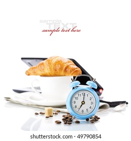 Alarm clock and breakfast on white (with sample text)