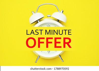 Alarm clock and Last minute offer text on yellow background.