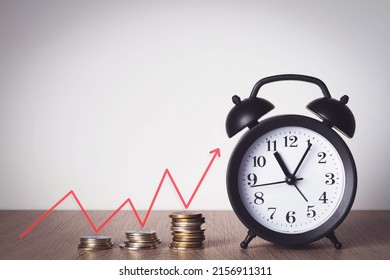 Alarm Clock And Money. Time Is Money. Coins On The Background Of The Clock. Money Leak. Payment Of Time According To The Price.