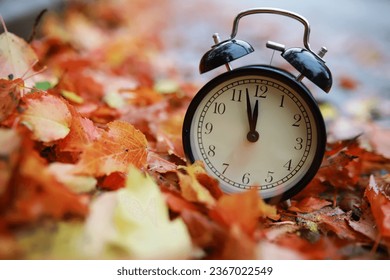 alarm clock on autumn leaves natural background - Shutterstock ID 2367022549