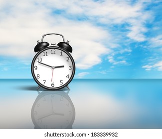 Alarm Clock On Glass Table Blue Sky Background