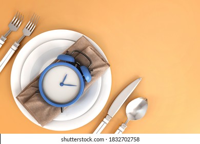 Alarm Clock On Plate Set, Concept For Intermittent Fasting Diet And Schedule Of Meal For Weight Loss.