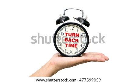 Alarm clock on white background with a word turn back time.