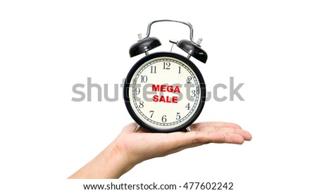 Alarm clock on white background with a word megasale.