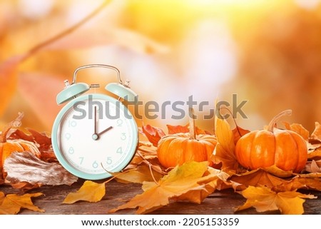 Alarm clock, pumpkins and autumn leaves on table outdoors