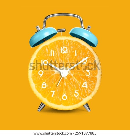 Alarm clock with sliced orange instead of dial on orange background