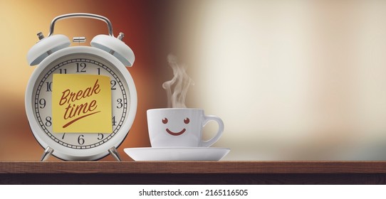 Alarm clock with sticky note and cute coffee cup smiling, it's break time