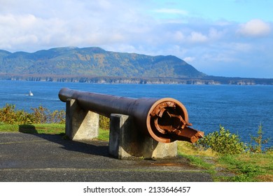 Alaska, Miller Point cannon at Fort Abercrombie State Historic Park on Kodiak Island. This is a WWII coastal defensive structure with two 8-inch guns. 