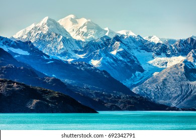 Alaska Mountains Landscape In Glacier Bay Alaska, United States, USA. Vacation Cruise Travel Destination.