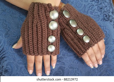 Alaska Native Woman's Hands Wearing Fingerless Mittens